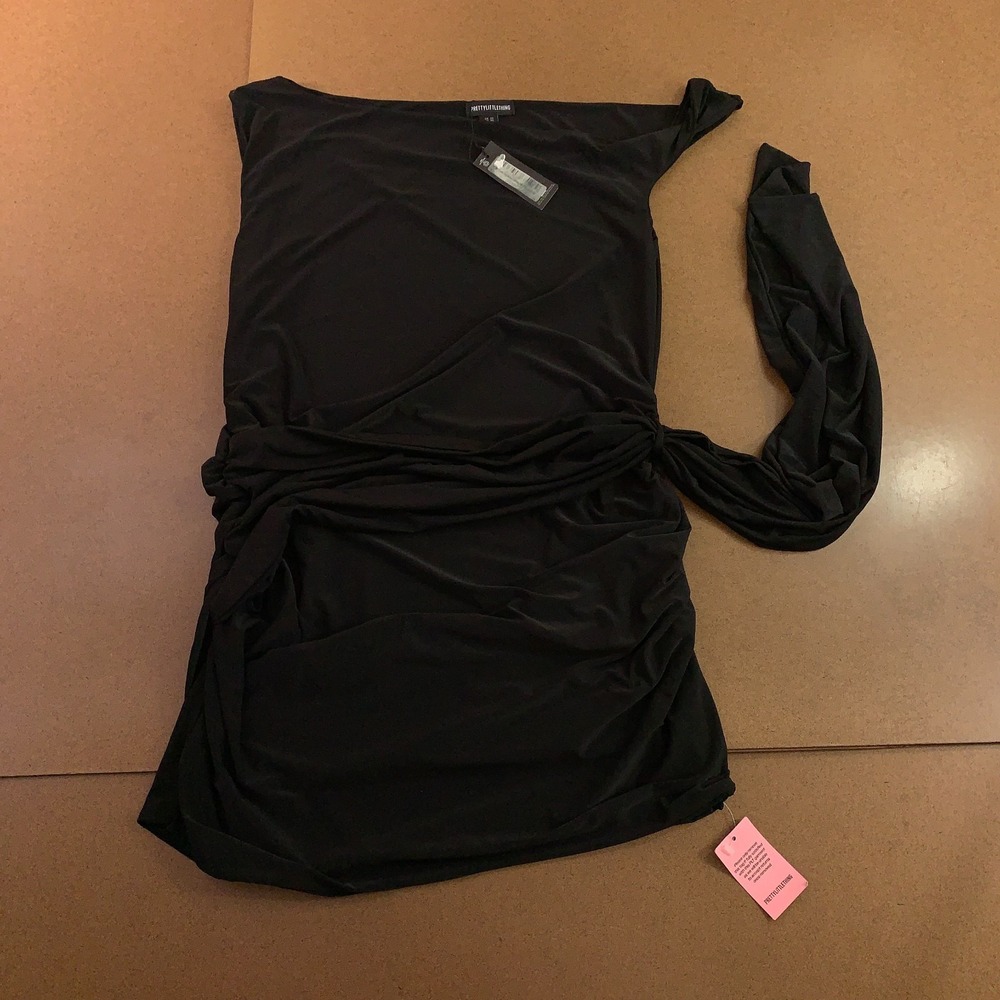 Pretty Little Thing Womens 18 Black Double Slinky Ruched Draped Mini Dress NWT